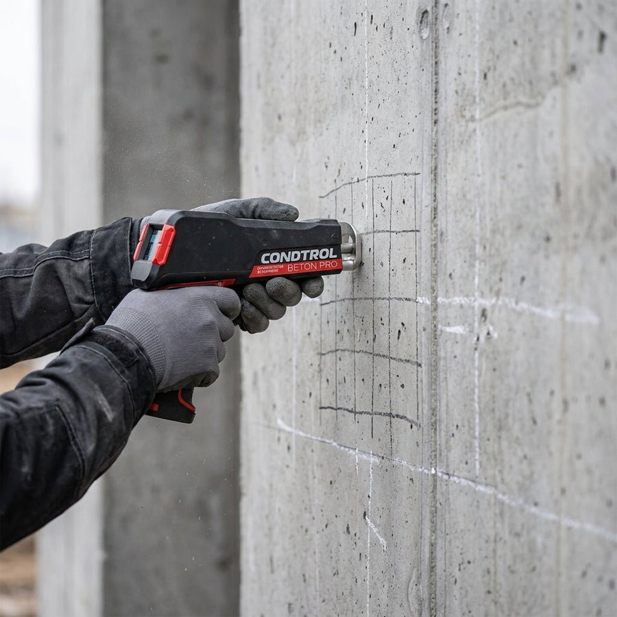 Digitaler Betonprüfhammer CONDTROL Beton Pro im Einsatz an einer Betonwand mit markiertem Prüfraster