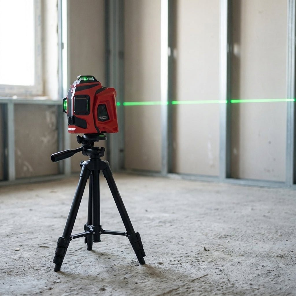 Grüner 3×360° Kreuzlinienlaser CONDTROL TruSlope auf Stativ im Innenausbau mit horizontaler Laserlinie