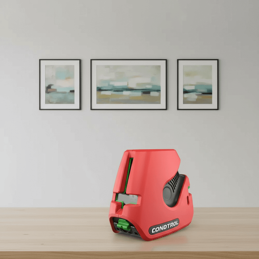 Ist ein Kreuzlinienlaser sinnvoll? - Bild eines roten Kreuzlinienlasers auf einem Tisch mit Wandbildern im Hintergrund.