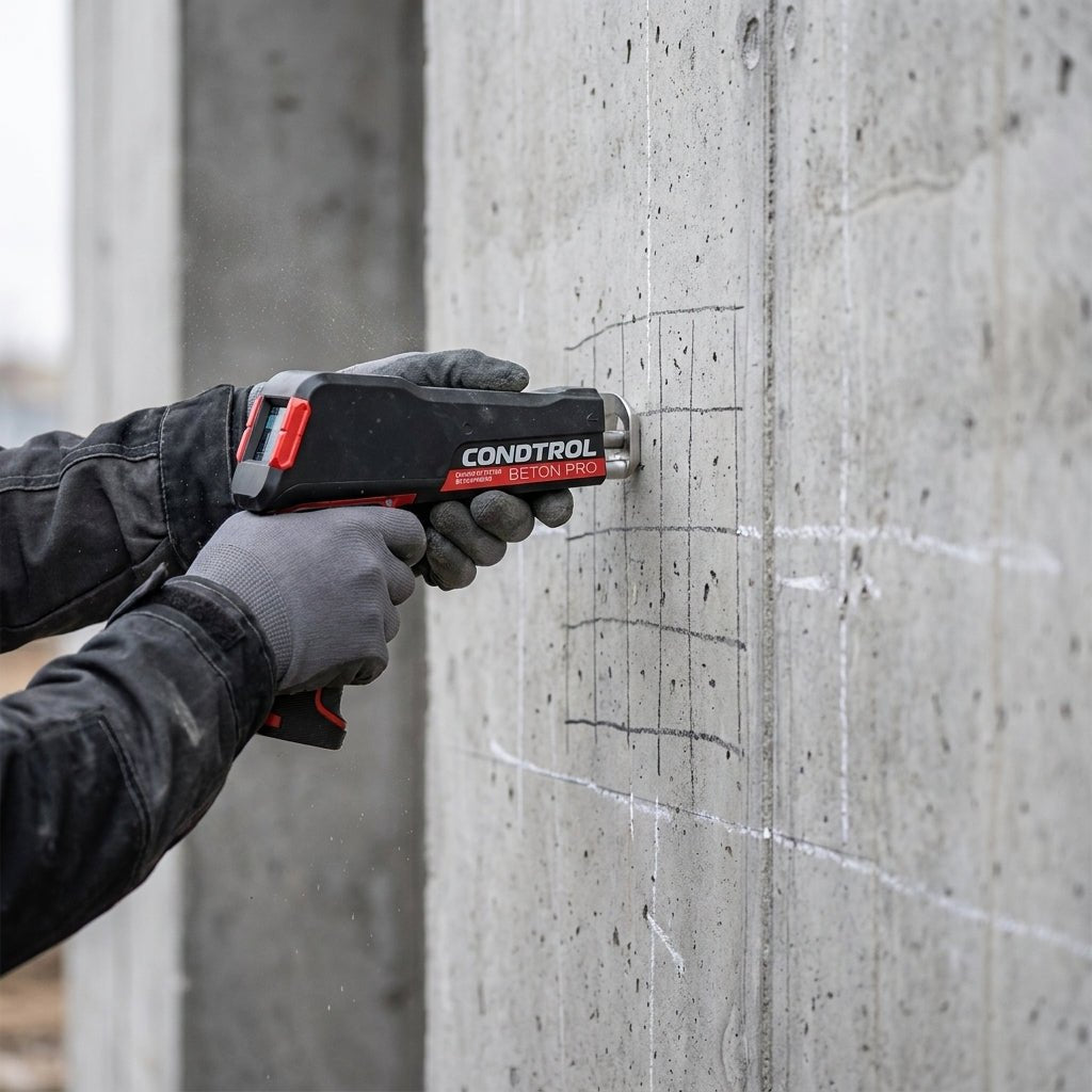 Digitaler Betonprüfhammer CONDTROL Beton Pro im Einsatz an einer Betonwand mit markiertem Prüfraster