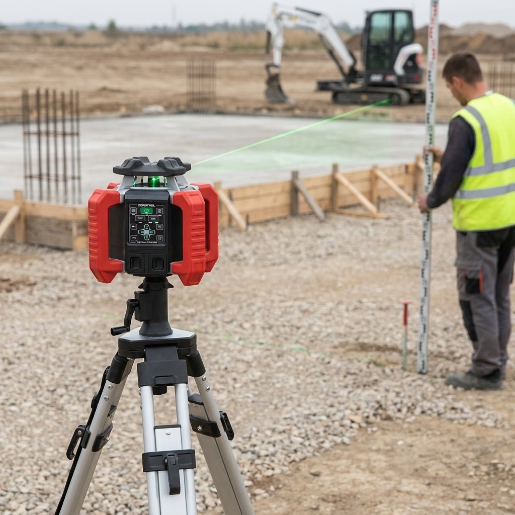 Rotationslaser CONDTROL Digi Roto HVG 800 auf Stativ auf der Baustelle, grüne Laserebene mit Neigung