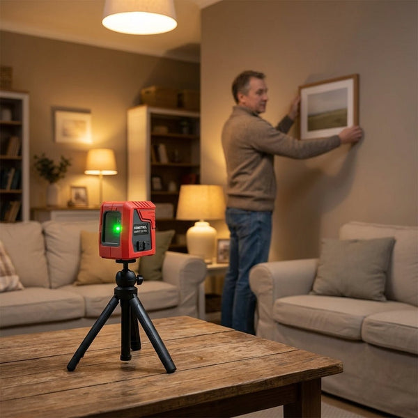 CONDTROL Kreuzlinienlaser Smart 2D Plus im Wohnzimmer beim Bilderaufhängen