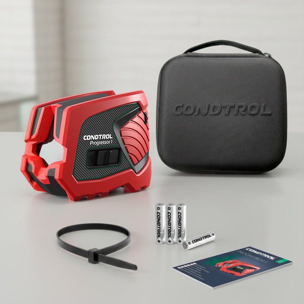 Lieferumfang des CONDTROL Progressor 1 – Kreuzlinienlaser mit Batterien, Transportkoffer und Zubehör