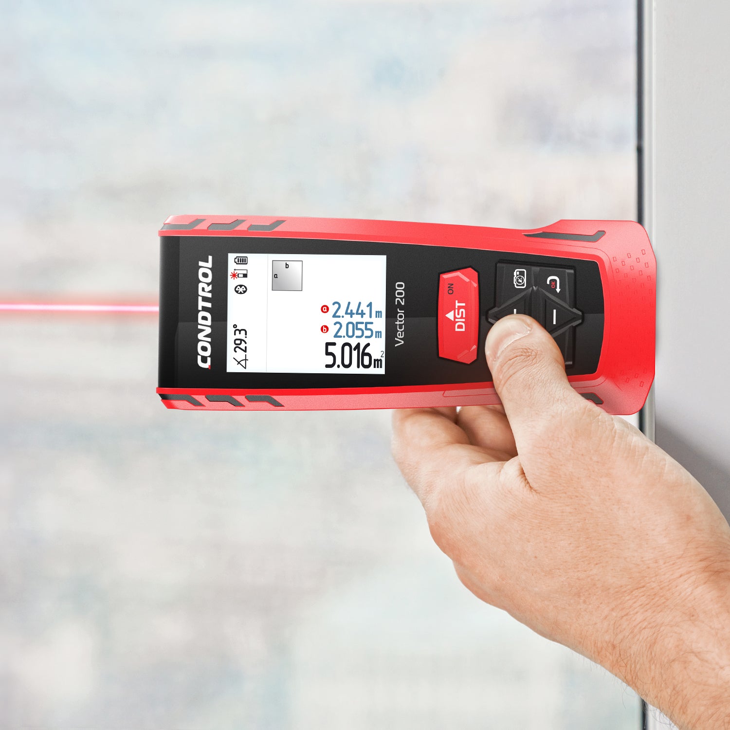 Messung einer Distanz mit dem Vector 200 – Einhandbedienung im Innenbereich